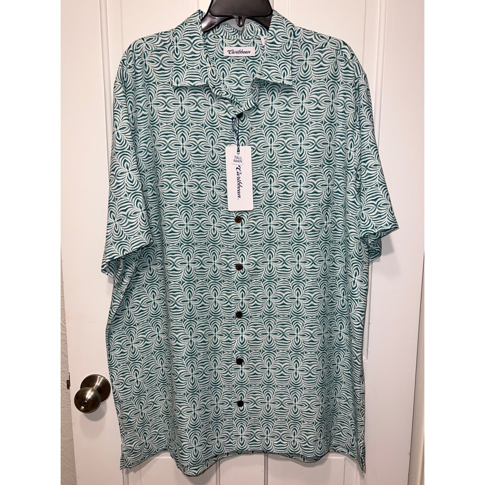 NEW Caribbean Tall Man Mens XLT Green White Geometric Modal Blend Button Shirt